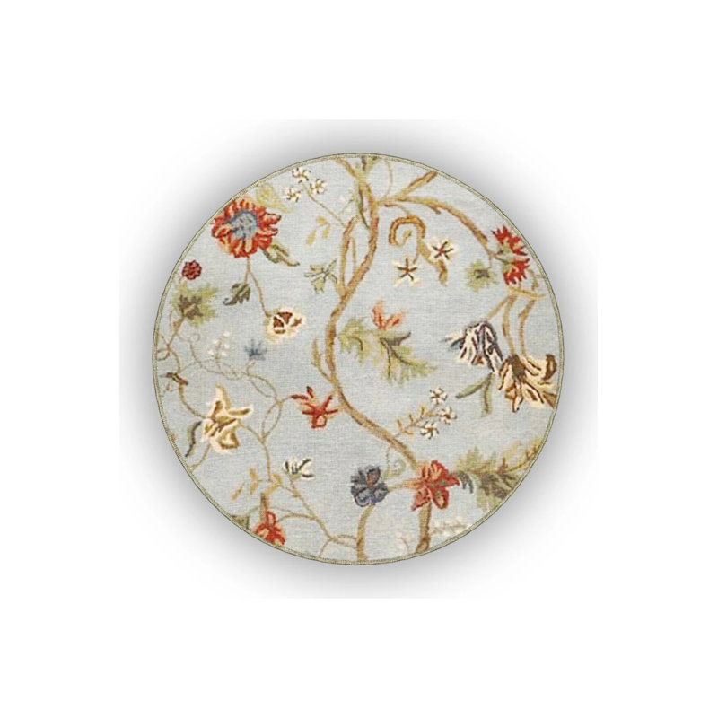 Light Blue Themed Ivy And Flower Patterned Vintage Decorative Carpet, Round 3'4"