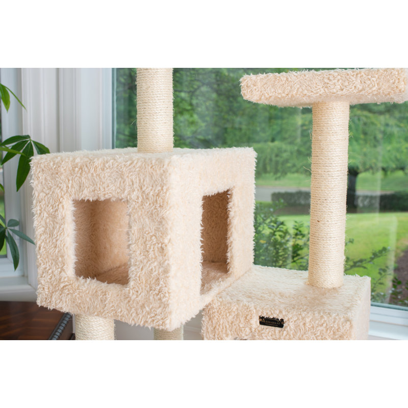 Beige Multi-Level Sisal and Faux Fur Cat Tree with Condos
