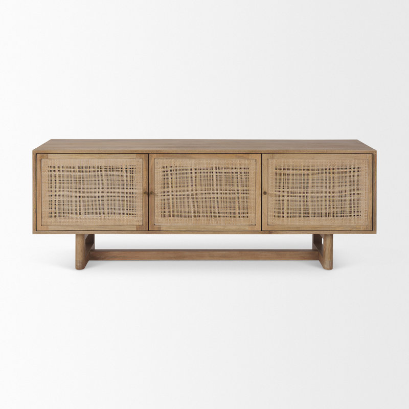 Grier 65.0L X 18.0W X 23.0H Medium Brown Solid Wood W/Cane Media Console, Light Brown