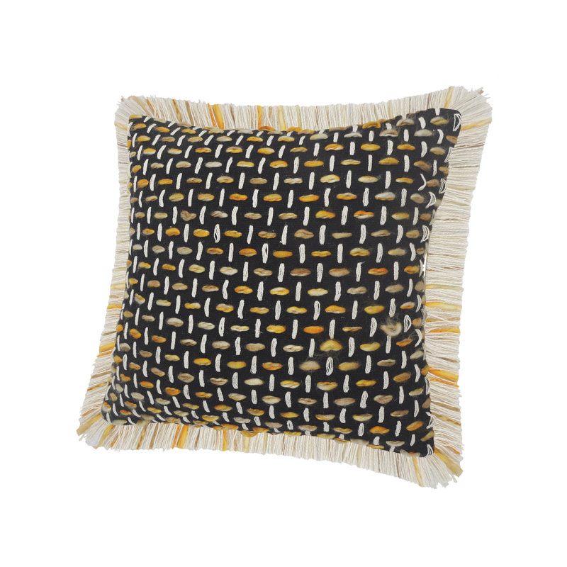 Coussin décoratif moderne à motif géométrique tissé à franges, Noir / doré / blanc