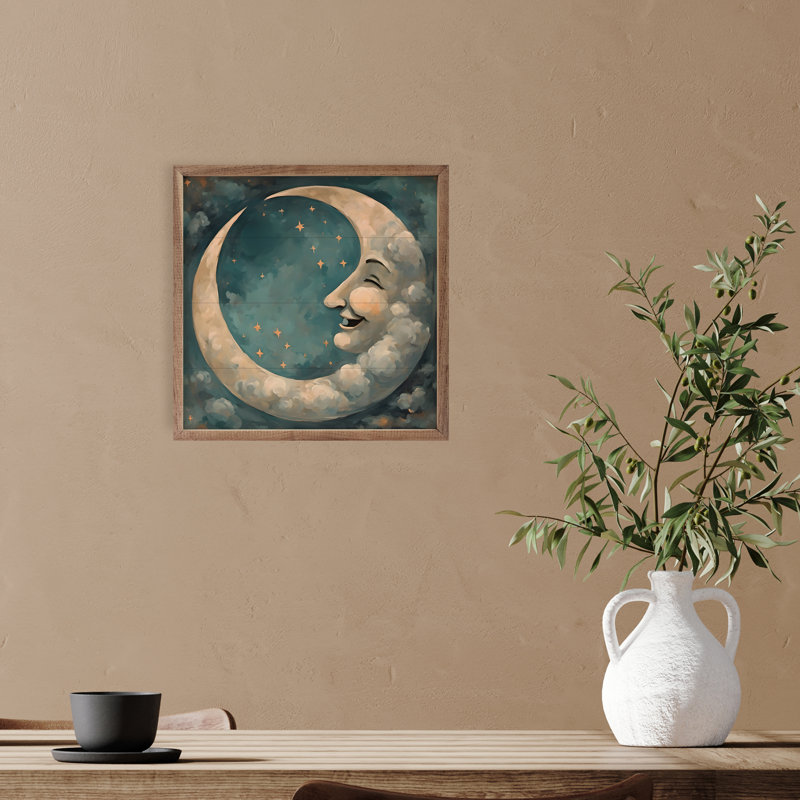 «Vintage Moon With Face» sur bois, H 16 po x l 16 po x P 1,95 po