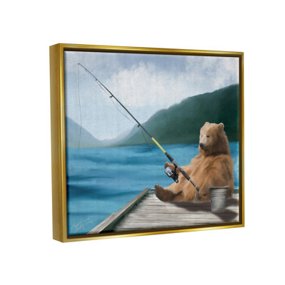 Ours, canne à pêche, lac, quai flottant, art mural par Elizabeth Medley