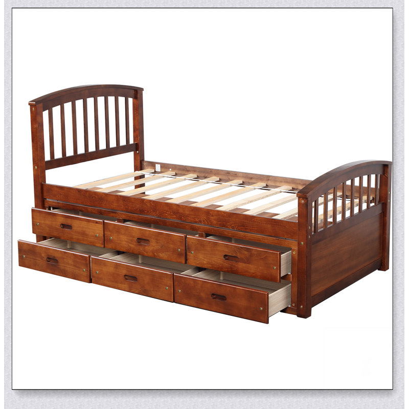 Lit plateforme simple avec rangement en bois massif et 6 tiroirs, Noyer