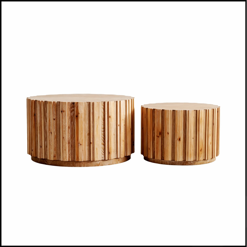 Ensemble de 2 tables basses rondes gigognes en noyer avec structure à lattes verticales, H 15,75 po x l 47,25 po x P 27,56 po
