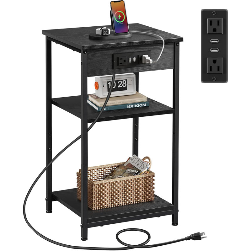 Travison 22.8"H Tall Nightstand with Charging Station, End Table with 3-Tier Storage Shelves, Slim Bedside Table for Small Spaces, Living Room, Bedroom