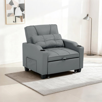 GarveeHome Sleeper Chair Pull Out Bed, 4 in 1 Convertible Sofa Chair Bed with Plug-in Vibration Massage Lumbar Pillow, Single Sofa Recliner Bed with USB/Type-C Port, Cup Holders and Side Pocket for Small Spaces