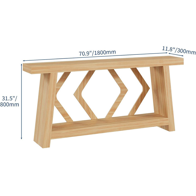 70.9" Console Table with Trapezoid Legs, Extra-Long 2-Tier Sofa Table for Entryway, Hallway, or Living Room, Natural Wood