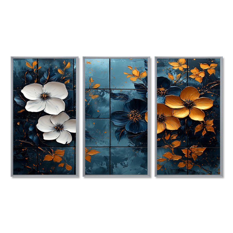 «Blue Polnesian Paradise Poppies Tiles I - Boho Tiles», ensemble d'art mural, Toile argentée avec cadre flottant