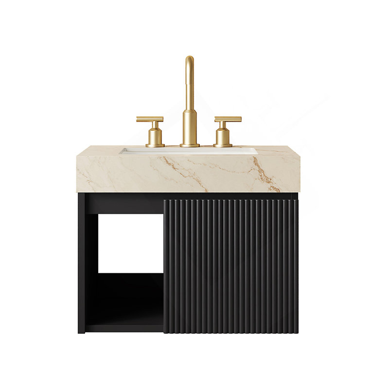 Meuble-lavabo avec comptoir en pierre frittée et lavabo encastré en céramique, Noir, L 24 po, Beige