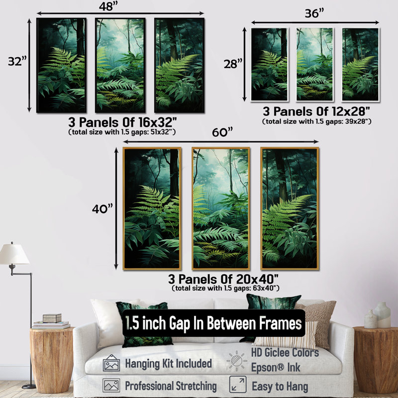 Emerald Green Ferns Forest VI - Ensemble d'art mural sur toile Plants, Cadre flottant noir, H 40 po x l 60 po x P 1 po