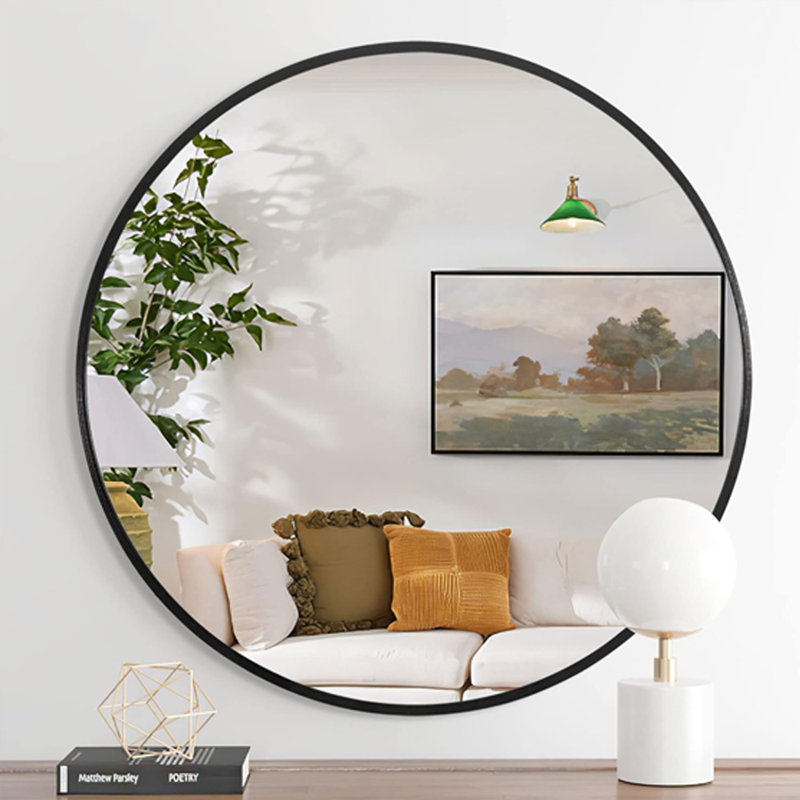 Round Wall Mirror with Metal Frame, 32" x 32", Black