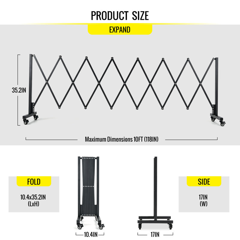 Barrière de barricade extensible 10 pi, barrière de sécurité pliante en métal avec 4 roues, clôture de circulation rétractable pour usage industriel ou résidentiel (10 pi)