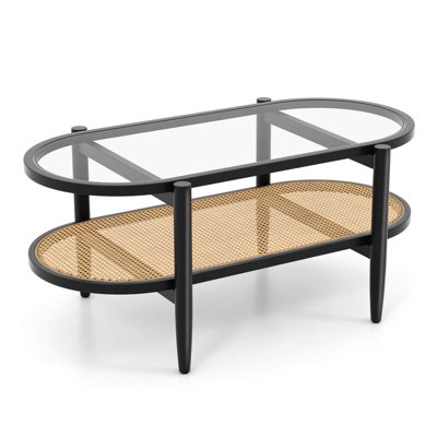 2-tier Coffee Table Tempered Glass Top With Pe Rattan Shelf & Acacia Wood Frame Black