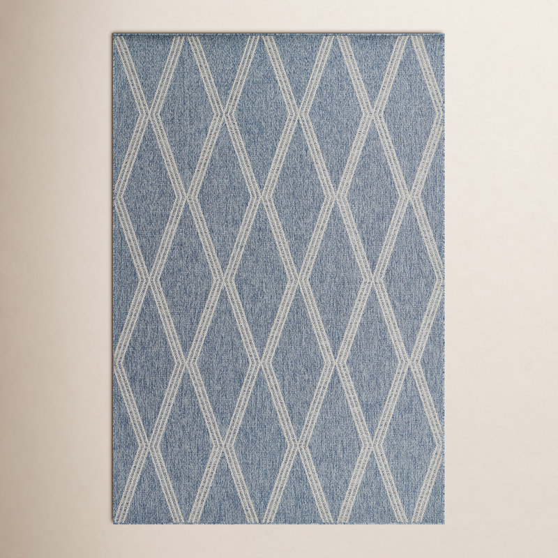 Twill Blue Gray Geometric Outdoor Rug, Runner 2'7" x 7'6"