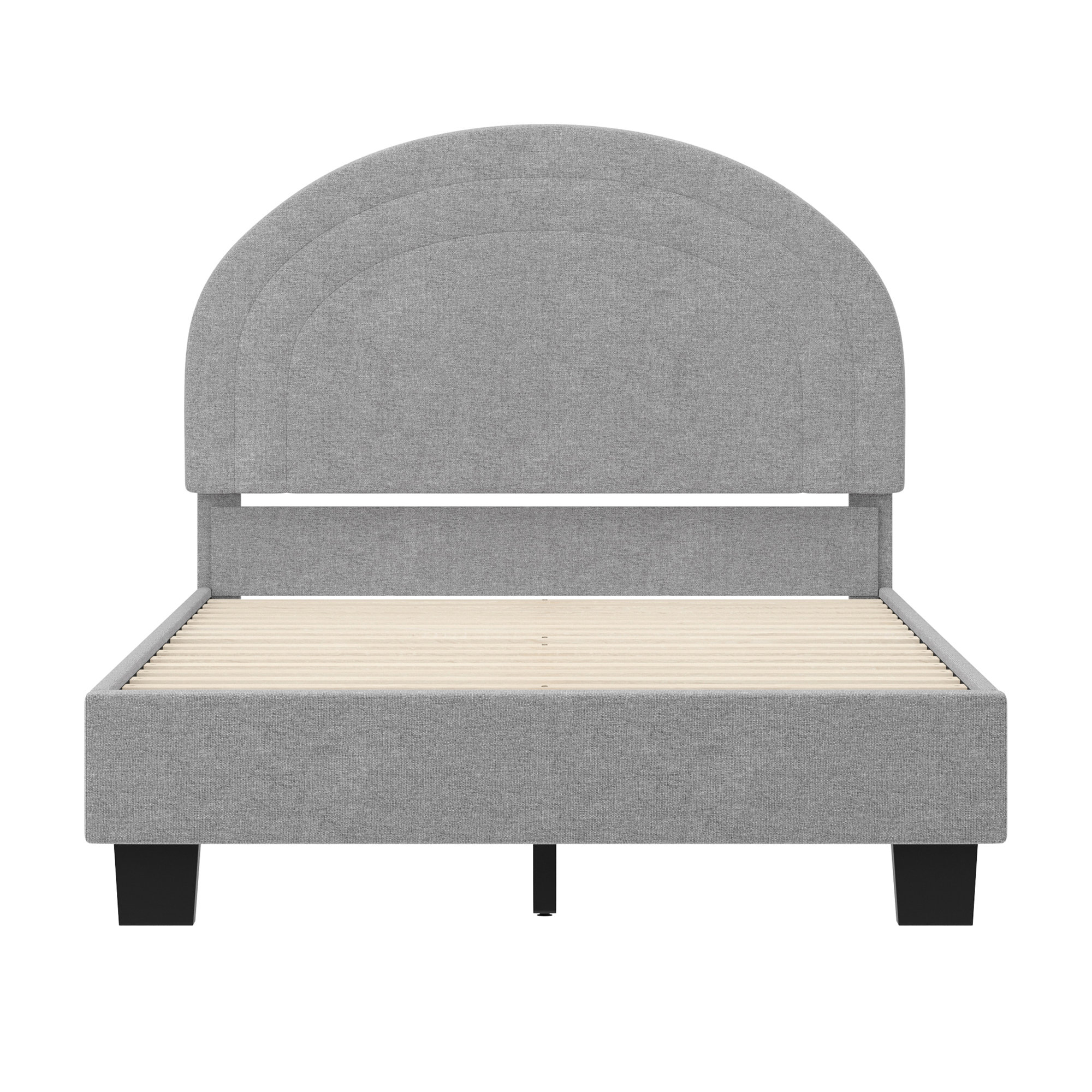 Upholstered Platform Bed Frame - Curved Stitched Headboard And Slat Foundation, Twin, Gray