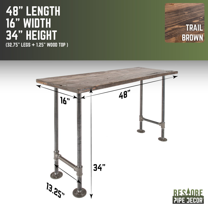48" Console Table With Industrial Steel Pipe Legs, Trail Brown