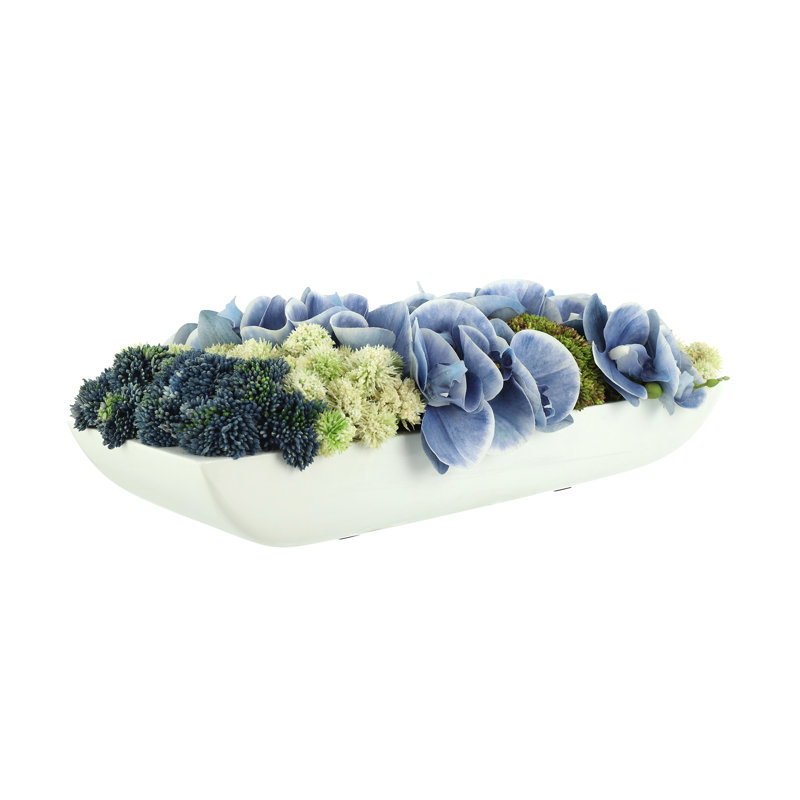 Orchids and Assorted Sedum in Fiberstone Planter, Green/Purple