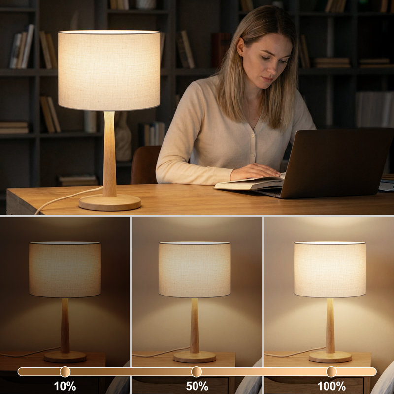 16.3" Mid-Century Dimmable Table Lamp with Beige Linen Fabric Drum Shade, Natural Rubberwood Base and E26 Lamp Holder, cULus Certified for Bedroom Nightstands, Living Room Side Tables or Home Offices Desks