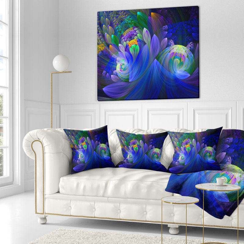 Bouquet de fleurs bleues fractales - coussin imprimé floral, 18 po x 18 po, Coussin décoratif