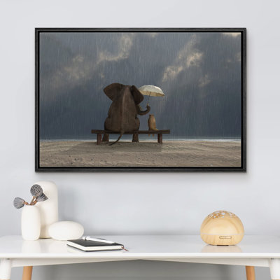 Whimsical Animal " Elephant And Dog Sit Under The Rain Friendship "