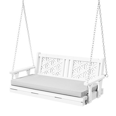  55 In. 2-Person Floral Pattern Outdoor Wood Porch Swing With Cushion In White