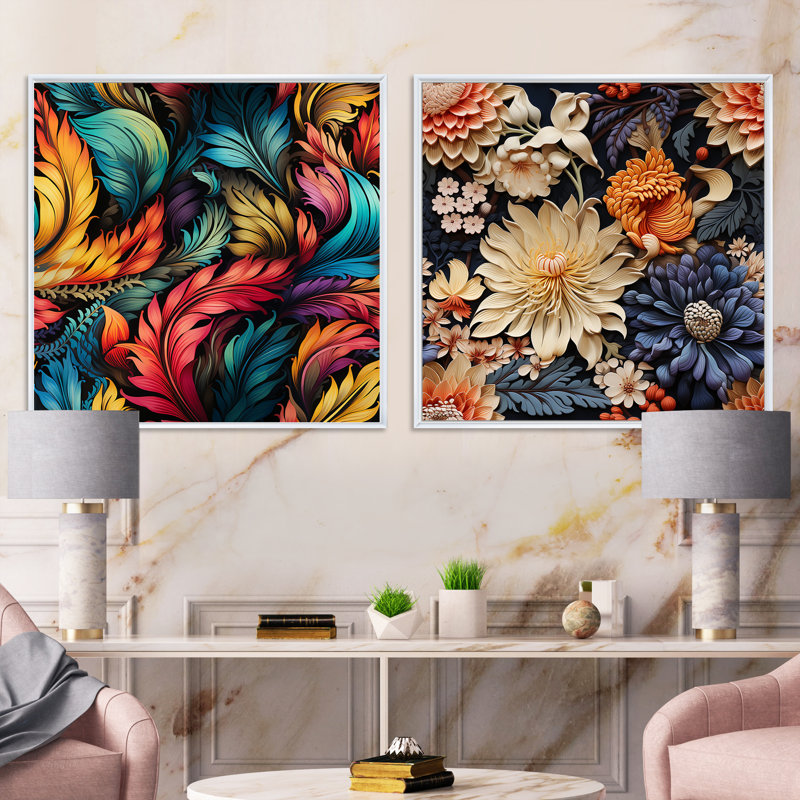 Courvevoie - Ensemble de 2 collages carrés botaniques abstraits, H 36 po x l 73 po, Cadre flottant blanc