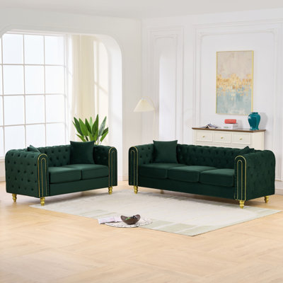 Ensemble de canapés confortables Comfy, velours vert 3 et 2 places Chesterfield pour la maison
