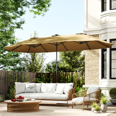 Grand parasol de patio de 13 pi avec lumières solaires, parasol de marché rectangulaire double face avec manivelle et 48 lumières DEL pour le jardin, la piscine et la cour arrière, UPF 30+