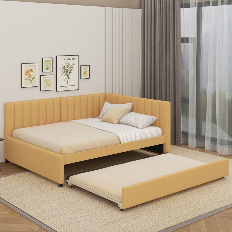 Full Size Upholstered Daybed With Trundle, Yellow