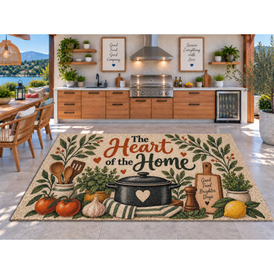 Tapis d'extérieur 152 x 213 cm (5' x 7') style ferme, motif pot de cuisine, tomates, citrons et herbes, en PVC épais et imperméable, à boucles enroulées, séchage rapide, idéal pour la cuisine, le porche, la terrasse et l'entrée.