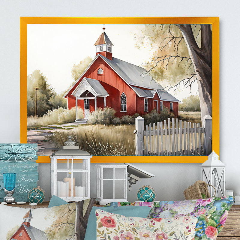 Monochome jaune et gris Farm V - Barn Farm Ranch, impressions sur toile, H 16 po x l 32 po x P 1 po, Cadre doré