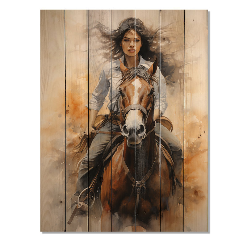 Cowgirl chevauchant avec grâce sur bois, H 32 po x l 24 po x P 0,78 po