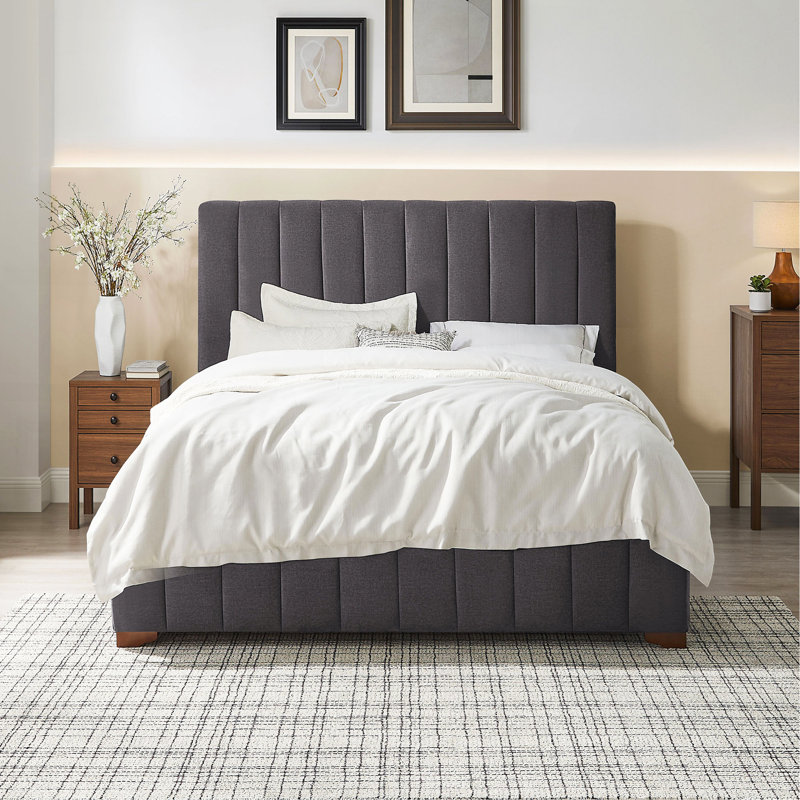 Structure de lit grand format moderne avec structure de lit grand tapissier et tête de lit avec tête de lit en tissu et lattes de bois, sommier non requis, sommier gris foncé