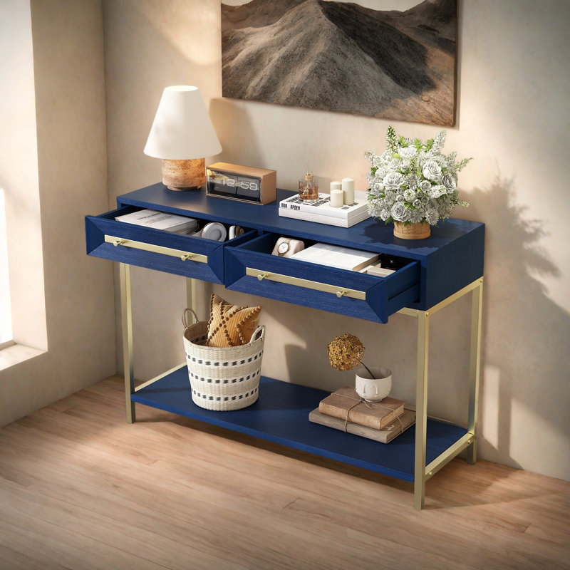 Entryway Table, Console Table With Two Drawers, Retro Hallway Table With Striking Geometric Design For Entryway And Living Room