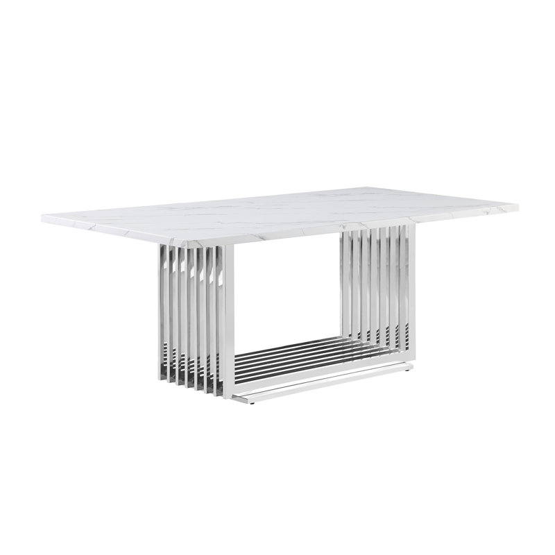 Keera White Marble Dining Table, Silver, 30" H x 79" L x 39.5" W