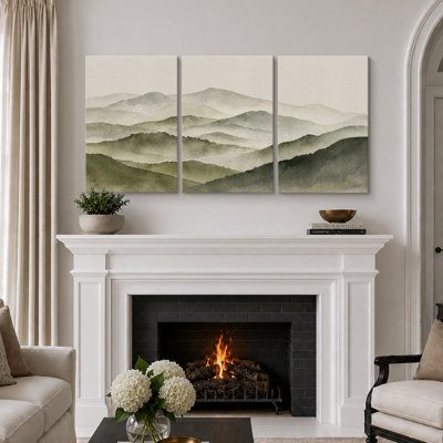 «Misty Olive Green Mountain Valley», art de chambre à coucher, impression sur toile encadrée, 3 pièces
