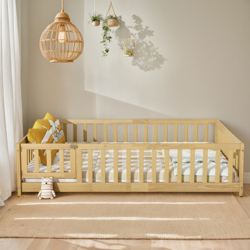 Full Size Floor Bed With Fence And Door,Rubber Wood Floor Bed W/Safety Guardrails/Near The Ground,Easy To Assemble & No Box Spring Needed,Natural