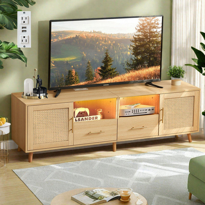 Heyer Large Wood Rattan TV Stand for TVs up to 75" with LED Light and Charging Station, Coastal Media Console Table, Multimedia Storage Furniture with 2 Drawers, Lighting TV Cabinet
