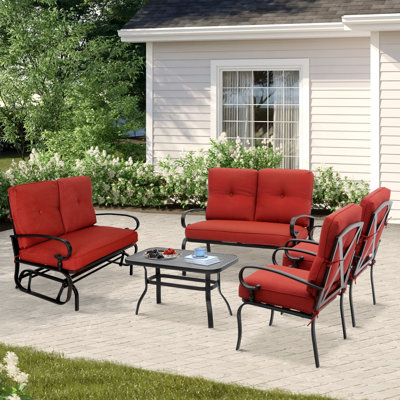 Outdoor Metal Furniture Sets, 5 Pieces(6 Seats) Patio Conversation Set (Patio Swing Glider Bench, 2 Patio Chairs, Loveseat With Coffee Table), Peacock by Charlton Home