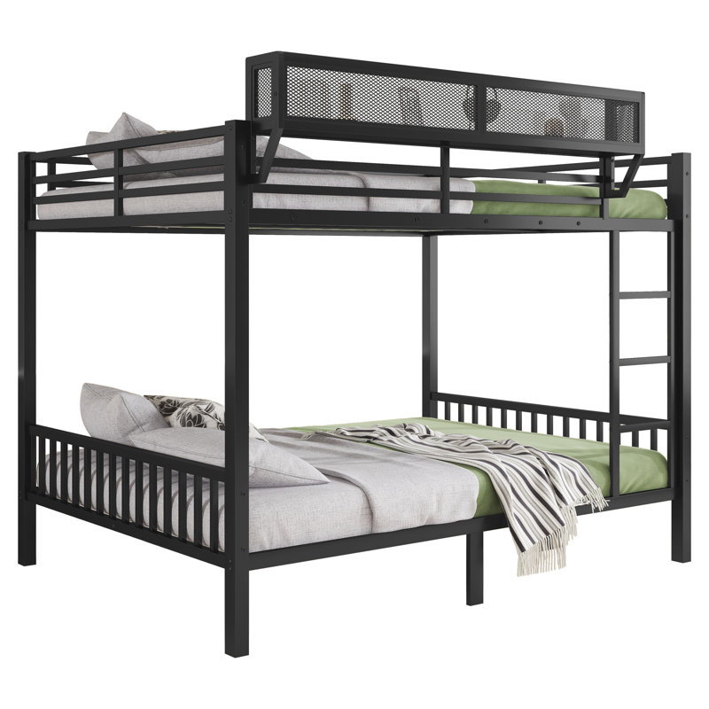 Queen Over Queen Metal Bunk Bed with Ladder and Storage Shelf, High Bunk Bed for Adults and Teens, Black