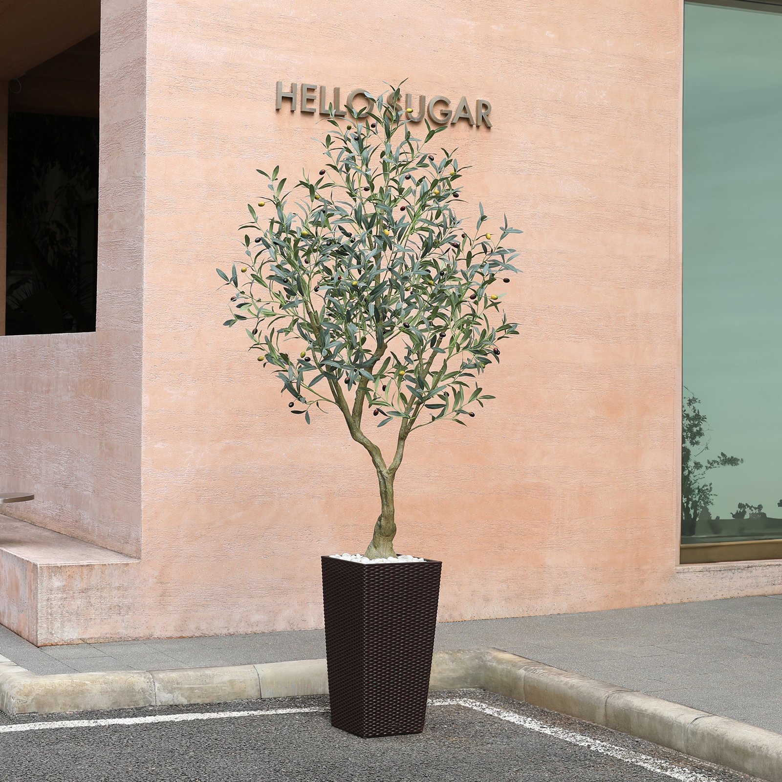 Adcock Artificial Olive Tree UV Resistant with Tall Planter, Faux Olive Tree for Outdoor Decor, 84" H x 28" W x 28" D, Brown