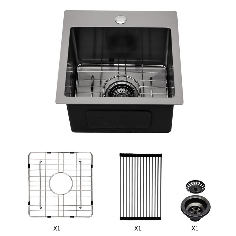 Évier de cuisine à simple cuve encastrable noir de 15 pouces en acier inoxydable de calibre 16 T304, feuille de lotus en forme de X, coin R10 pour plus d'espace, condensation