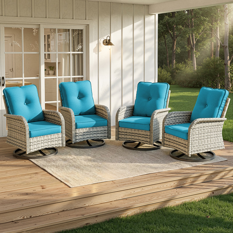 4-Piece Outdoor Wicker Swivel Rocking Chairs With Cushioned Seats, Turquoise Blue