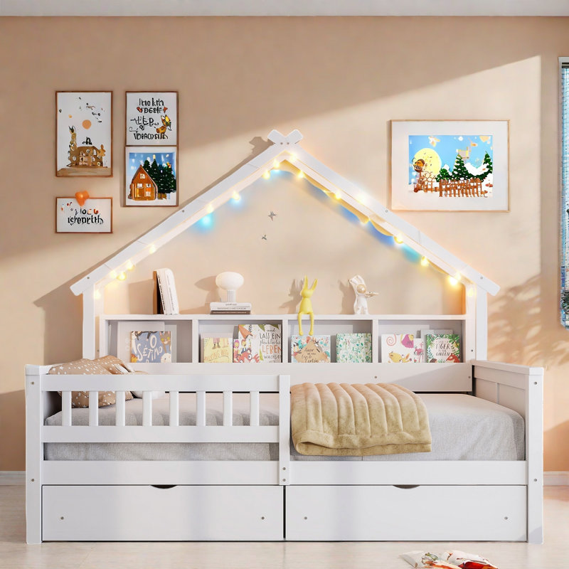 Lit plateforme House avec DEL, tablettes de rangement, tiroirs et garde-corps, Blanc