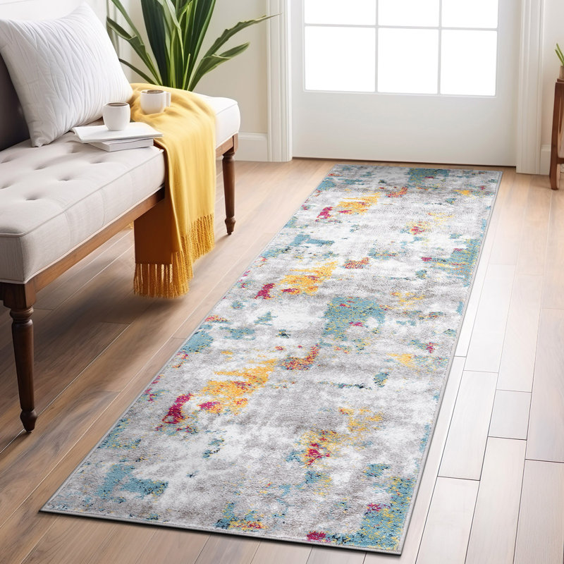 Mizpah Abstract Area Rug in Gray/Orange/Ivory, Runner 2' x 7'