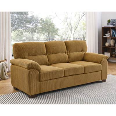 Canapé trois places vintage avec coussins, accoudoirs arrondis, profondeur 77,5 cm, largeur 206 cm, hauteur 87,6 cm, poids 56 kg, velours côtelé, couleur jaune antique