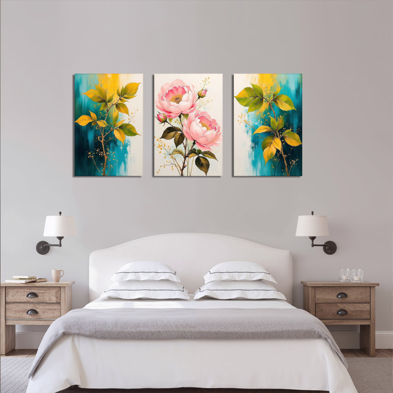 Floral pivoine et feuilles, reproduction d'art sur toile tendue sur toile (ensemble de 3), H 24 po x l 48 po
