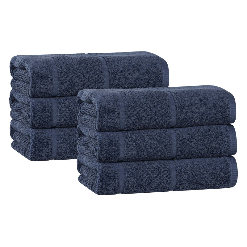 Mile Smart Twist Viscose Cotton Blend Medium Weight Solid Thick Border Towel Set, Navy Blue, Hand Towel - 6 Pack