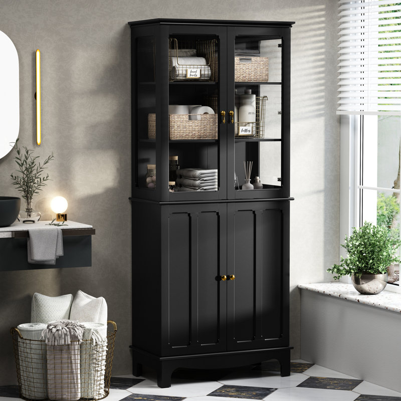 Ellerby 72" Freestanding Kitchen Pantry with Glass Doors and Adjustable Shelves, Black