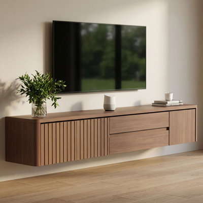 Floating Tv Unit Wall Mounted With Door Tv Cabinet Stand Completely Assembled Living Room Tv Media Console (Walnut, 180cm)